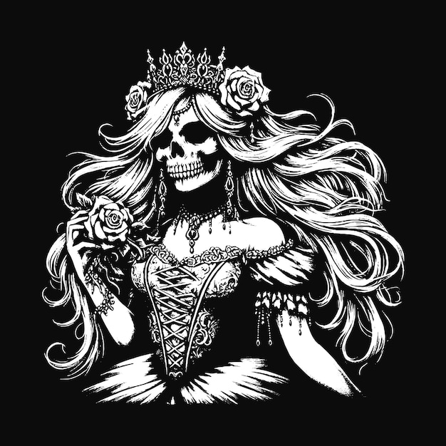 Art dark skull queens girl lady con rose e corona orrore grunge illustrazione di tatuaggio vintage