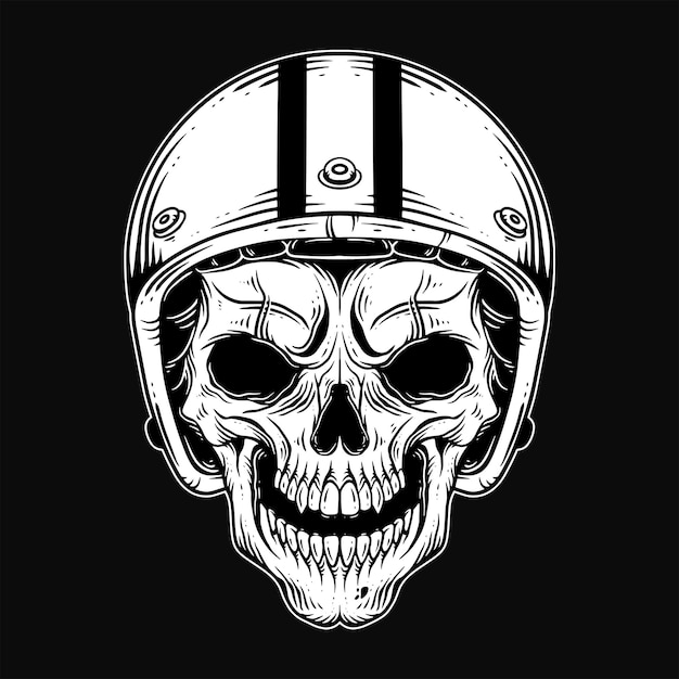 Vector dark art skull rider bikers retro vintage tattoo helmet motorcycle hand drawn style illustration