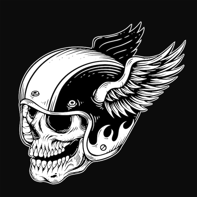 Dark art Skull Rider bikers retro Vintage Tattoo Helmet Motorcycle Hand drawn Style illustration