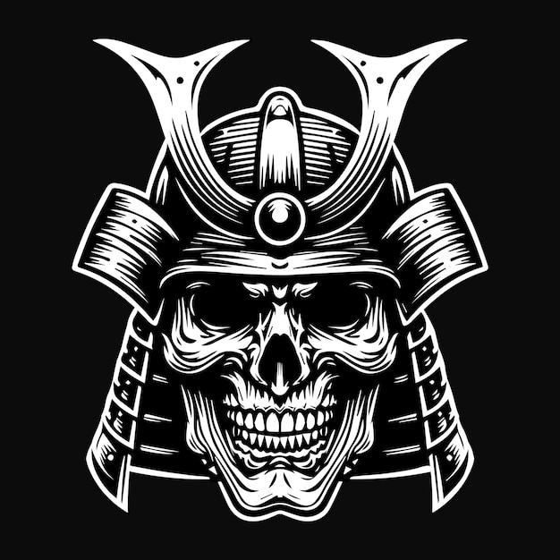 Dark Art Skull Samurai Japanese Head Black and White Illustration