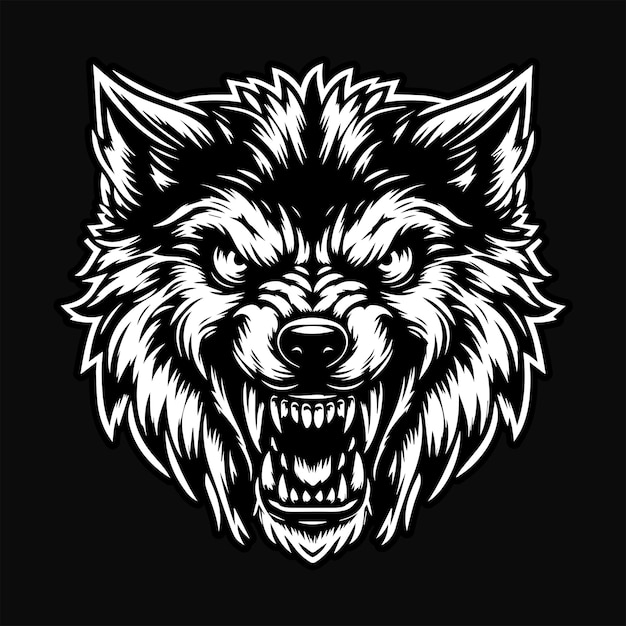 Dark Art Wolf Angry Scary Head Black and White Illustration