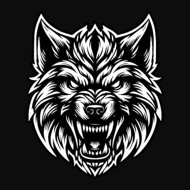 Dark Art Wolf Angry Scary Head Black and White Illustration