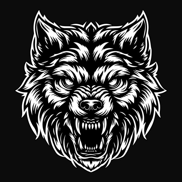 Vector dark art wolf angry scary head black and white illustration