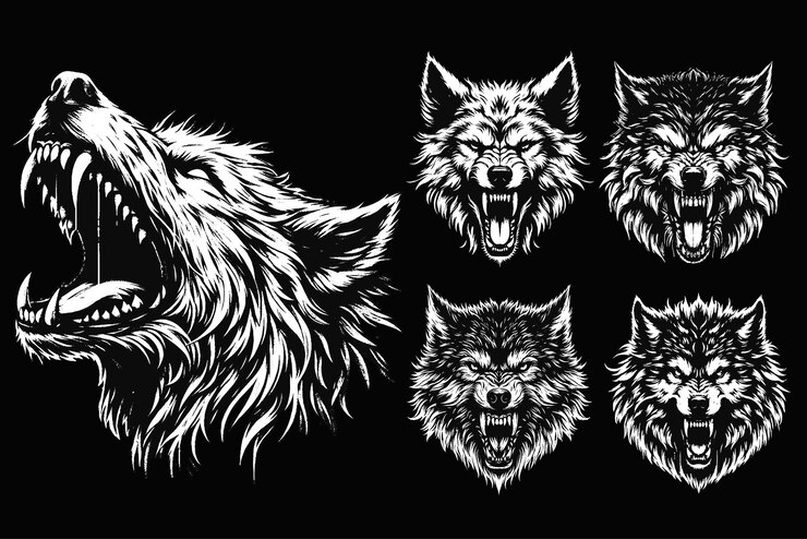 Vector dark art wolf beast roar horror wild life night vintage grunge tattoo illustratie zwart wit