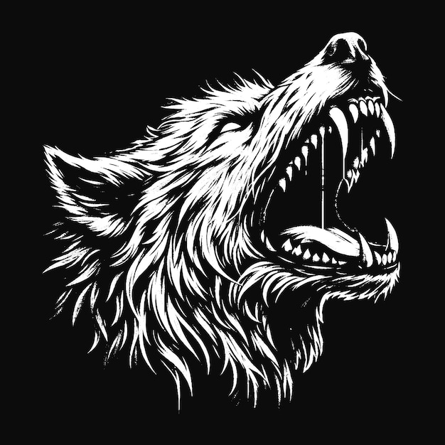 Vector dark art wolf beast roar horror wild life night vintage grunge tattoo illustration black white