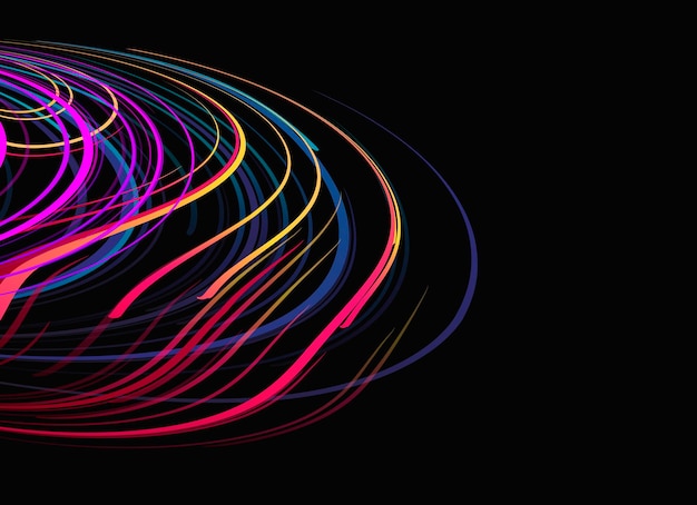 Vector dark background with colorful laser glow neon lines forming round shape chaotic movement