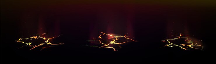 Vector dark background with lava cracks in the ground glow of fire or magma inside set of fire lines