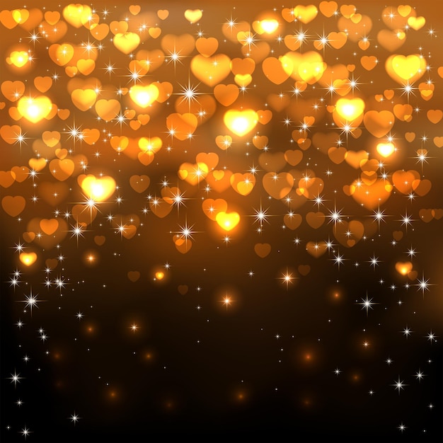 Dark background with shiny golden hearts and stars, illustration.