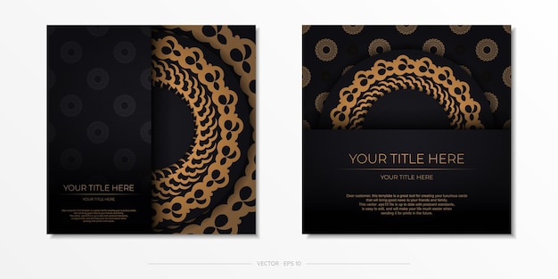 Vector dark black gold postcard template with white indian mandala ornament. elegant and classic elements ready for print and typography. vector illustration.