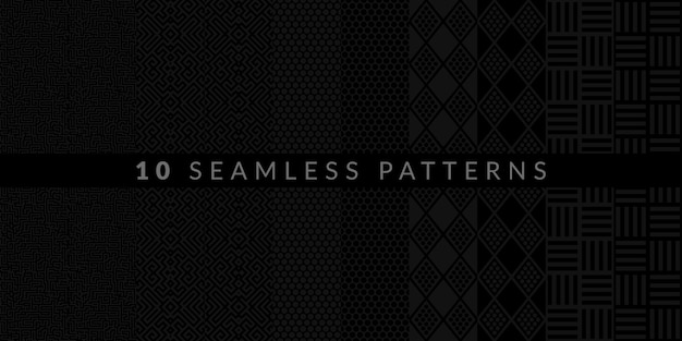 Dark black and grey ten abstract geometric patterns set vector illustration