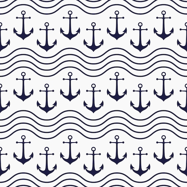 Dark blue anchors and waves on white background vector seamless pattern
