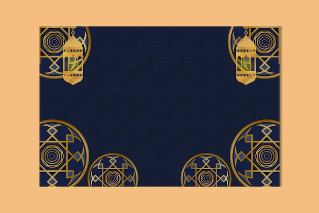 Dark Blue Background with Beautiful Islamic Pattern Flowers and Lanterns Theme