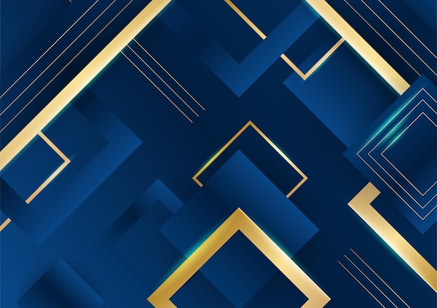 Dark blue background with gold shiny line elements for presentation background. Abstract template dark blue luxury premium background with luxury geometric pattern and gold lighting lines