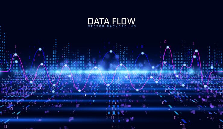 Vector 어두운 파란색과 검은색의 이진 코드 배경은 디지털 데이터 프로그래밍 논리를 시각화합니다.