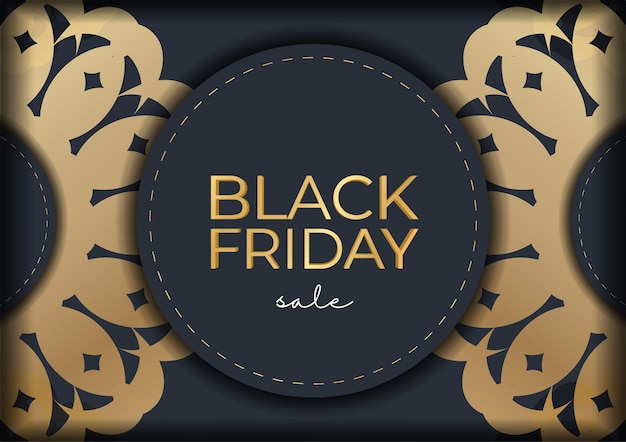 Dark blue black friday sale holiday poster template with geometric gold ornament