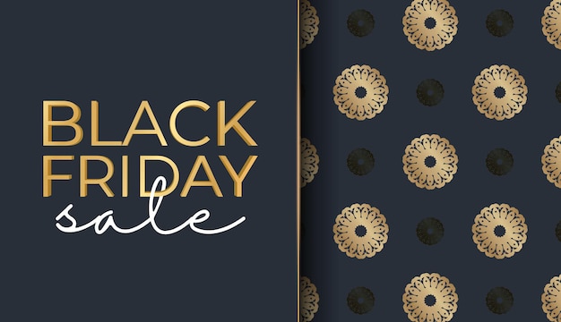 Dark blue black friday sale poster template with greek gold ornament