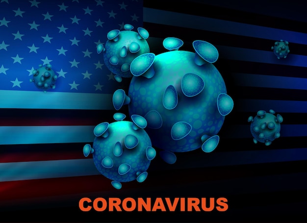 Dark blue design with abstract USA flag silhouette and coronavirus elements