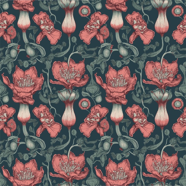 A dark blue floral pattern with a pink flower and leaves