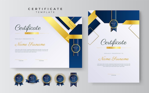 Dark blue and gold certificate of achievement border template with luxury badge and modern line pattern For award business and education needs