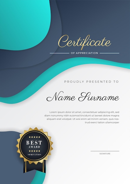 Vector dark blue and green turquoise certificate of achievement template with gold badge and border