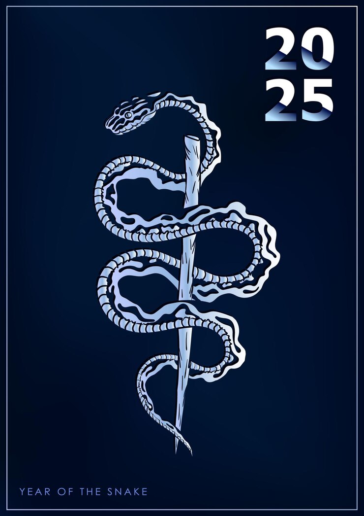 Vector dark blue greeting card with hand drawn silver snake coiled around stick as symbol of 2025 new year