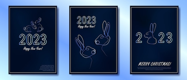 Dark blue greeting cards with bunnies as Chinese traditional horoscope symbol. New year 2023 posters