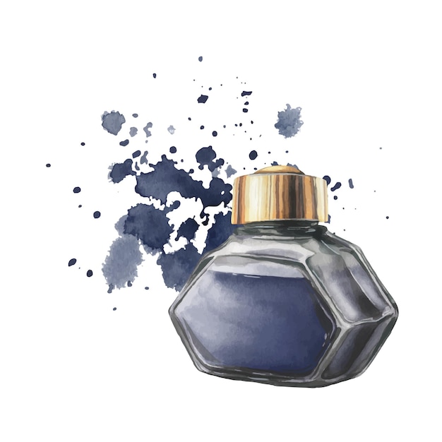 dark blue ink in a glass inkwell with a gold lid against a background of splashes and stains hand