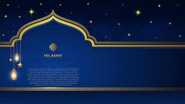 Fondo islamico blu scuro con ornamento di luci e stelle a linea dorata