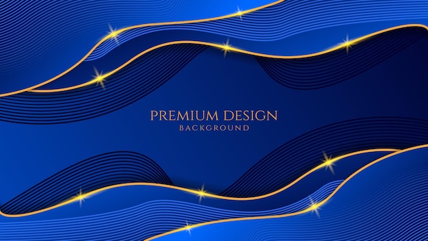 Vector dark blue luxury premium background with shining gold line waves