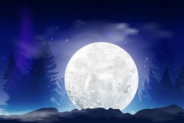 Dark blue night background with full month, clouds and stars. Moonlight night.  illustration. Milkyway space background