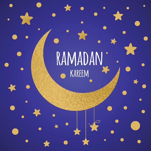 Dark blue Ramadan Kareem celebration greeting card with golden crescent moon