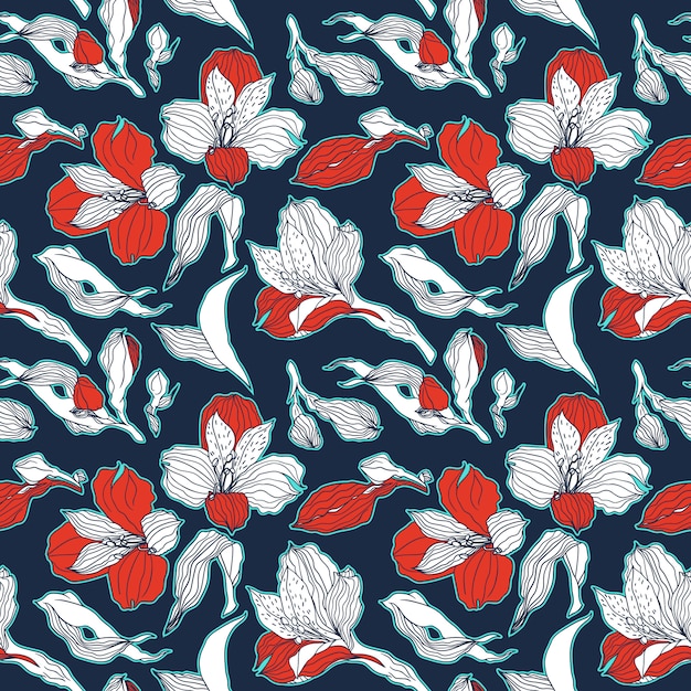 Vector dark blue and red seamless pattern with high detalised alstroemeria buds and flowers