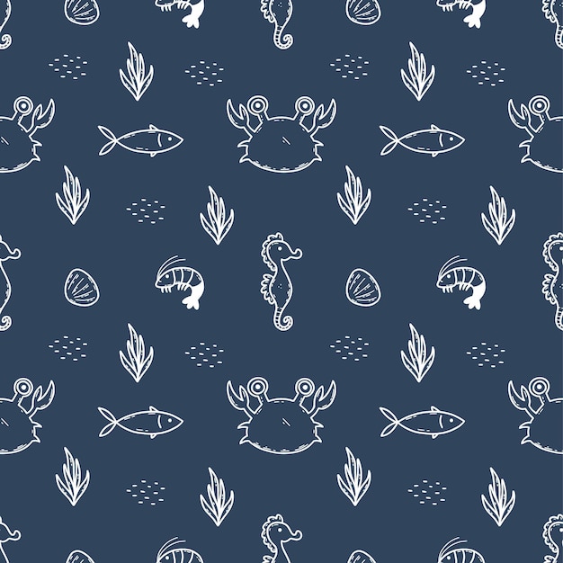海洋動物との紺色のシームレスなパターンカニとエビの保育園の壁紙男の子のための縫製服包装紙に印刷日海