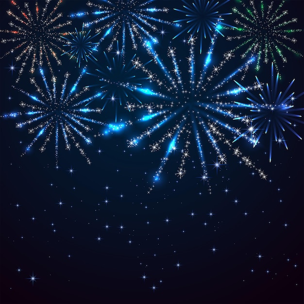 Dark blue starry sky and shiny fireworks, illustration.