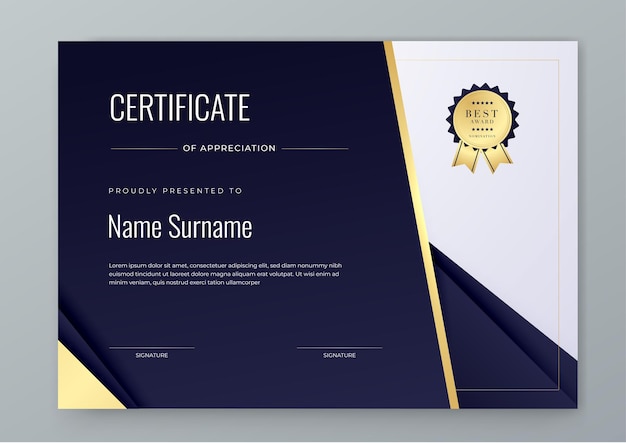 Dark blue white and gold certificate template with luxury patterndiplomaVector illustration