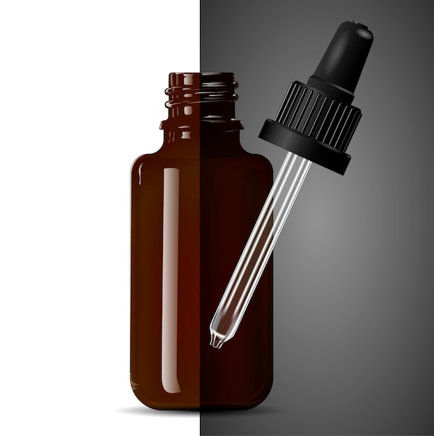 Dark brown transparent glass medical dropper bottle.