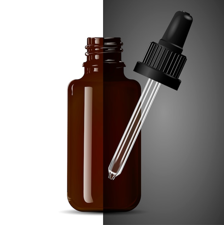 Vector dark brown transparent glass medical dropper bottle.