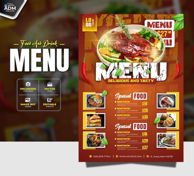 Modello di promozione del menu del ristorante marrone e giallo premium vector