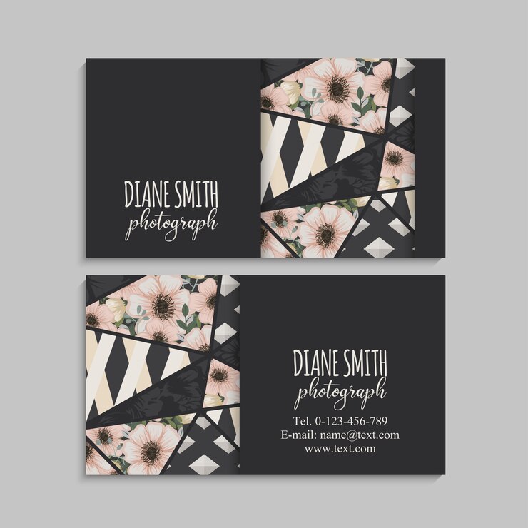 Vector dark business card with beautiful flowers and geometric elements. 