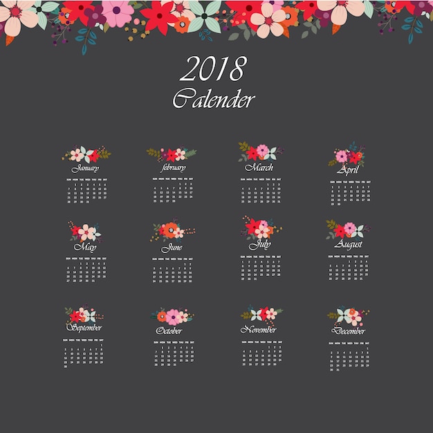 ベクトル 花柄のダークカレンダー2018