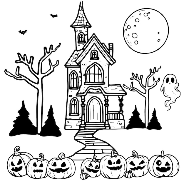 Dark castle with Jack O' Lantern pumpkins and cute ghosts background Invitation Vector illustration