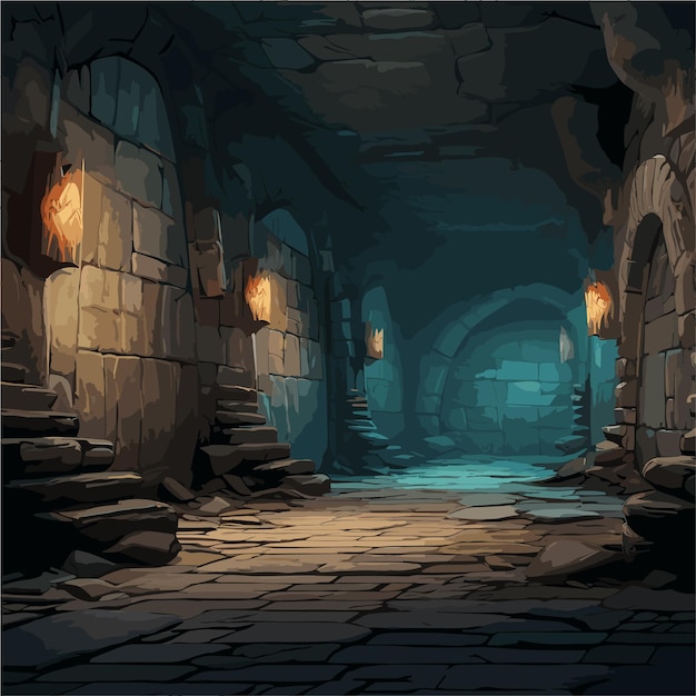 a dark cave with a stone floor and a light at the end game background