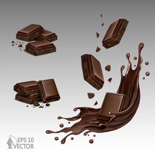 Dark chocolate set slices with crumbs liquid chocolate splashes 3d realistic vector illustration