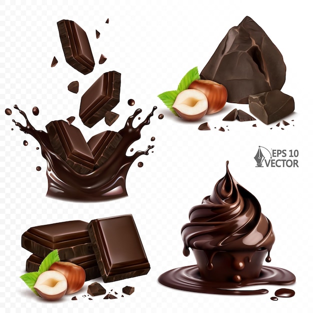 Dark chocolate with natural hazelnuts Creamy dessert Liquid splash Realistic vector illustration set
