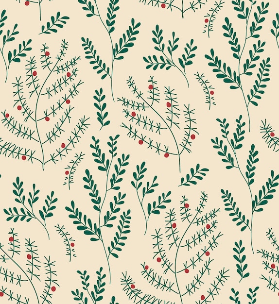 Vector dark christmas pattern of isolated plant silhouettes on brown background