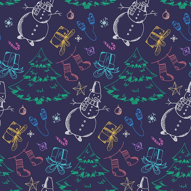 Dark christmas pattern with bright outline doodles