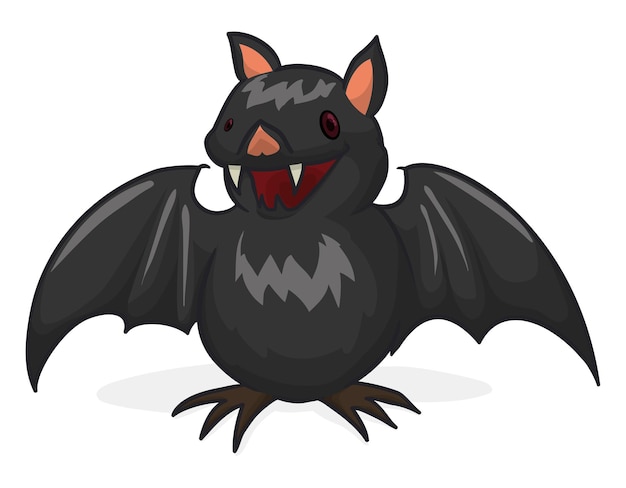 Dark and chubby vampire bat with spread wings and spooky smile isolated over white background