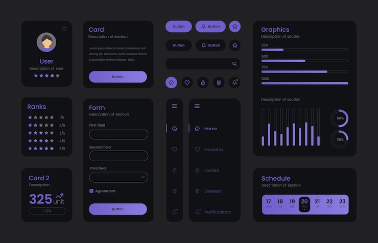 Vector dark collection of gradient ui ux elements. ux dashboard user panel template. user interface, experience. ui elements to book the app.
