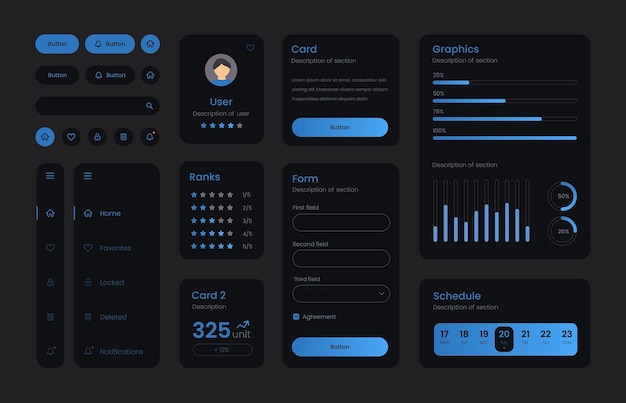 Vector dark collection of gradient ui ux elements. ux dashboard user panel template. user interface, experience. ui elements to book the app.