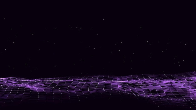 Dark cyberspace in digital background Abstract vector technology wave with motion glowing dots and lines Connection big data Futuristic wireframe texture Analysis a network connection